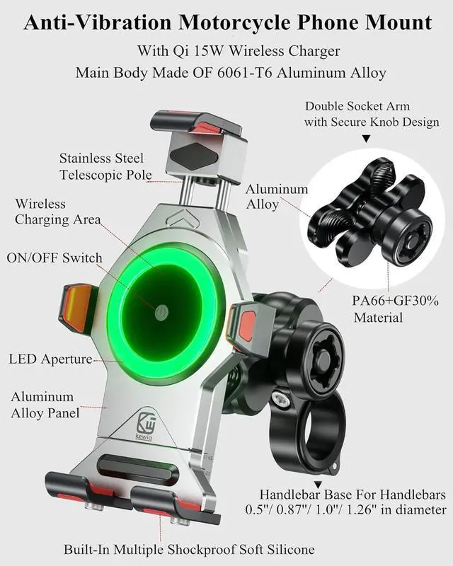 Alt view image 2 of 7 - Aluminum Alloy Motorcycle Phone Mount with Qi 15W Wireless Charger Shock-Absorbing Anti-Shake Adjustable Waterproof Motorcycle Handlebar Cell Phone Holder Fit for 4.7-7.2 Phones