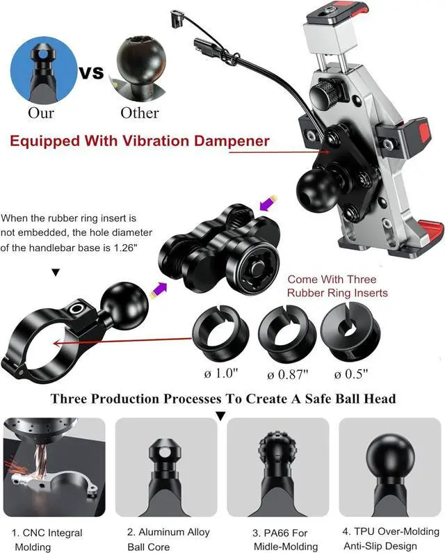 Alt view image 4 of 7 - Aluminum Alloy Motorcycle Phone Mount with Qi 15W Wireless Charger Shock-Absorbing Anti-Shake Adjustable Waterproof Motorcycle Handlebar Cell Phone Holder Fit for 4.7-7.2 Phones