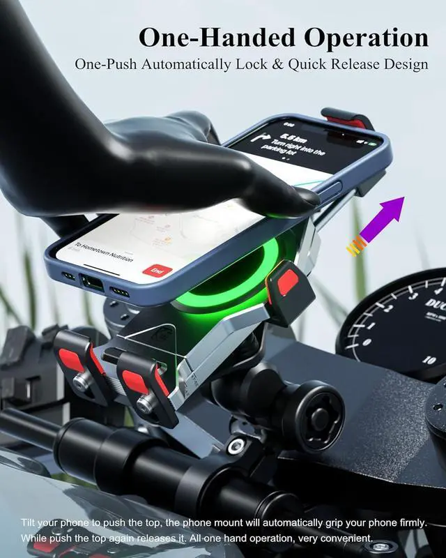 Alt view image 6 of 7 - Aluminum Alloy Motorcycle Phone Mount with Qi 15W Wireless Charger Shock-Absorbing Anti-Shake Adjustable Waterproof Motorcycle Handlebar Cell Phone Holder Fit for 4.7-7.2 Phones