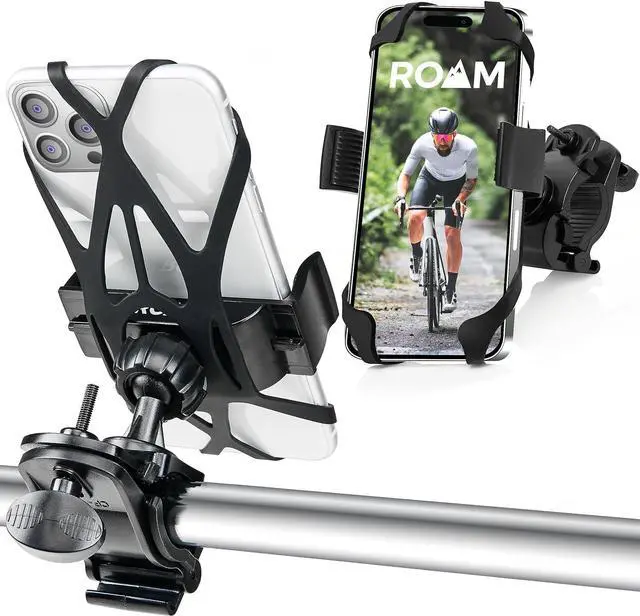 Main image of Roam Universal Cell Phone Holder Net Mount - Adjustable Up to 3.6" W x 7" L - 360° Rotation - Hands Free Navigation System for Motorcycle eBike Dirt Bike Road Bike Cruiser Scooter - Jet Black