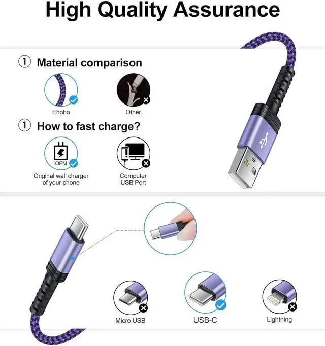 Alt view image 2 of 7 - USB Type C Cable 3FT 2Pack Fast Charging Cable Android USB C Charger Phone Cord for  Galaxy S24/S23/S22/A54/A23/S21 FE/A14/A13/A03s/A53/Z Flip 5 4/Z Fold 5 Motorola Edge 5G UW/Edge/G Play/Power