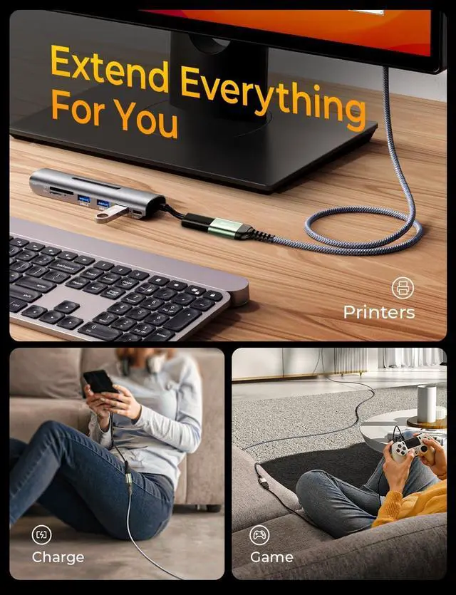 Alt view image 5 of 7 - 10FT USB Extension Cable USB Extender USB 3.0 Extension Cable Male to Female Cord High Data Transfer Compatible with Webcam USB Keyboard Flash Drive Hard Drive Printer