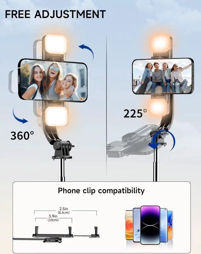 Alt view image 6 of 7 - 45" Selfie Stick Tripod with 2 Lights, Extendable 5 in 1 Selfie Stick Phone Tripod, Portable Selfie Sticks with Wireless Remote Compatible with iPhone 15/14/13 Pro Max, Samsung, Android, Gopro