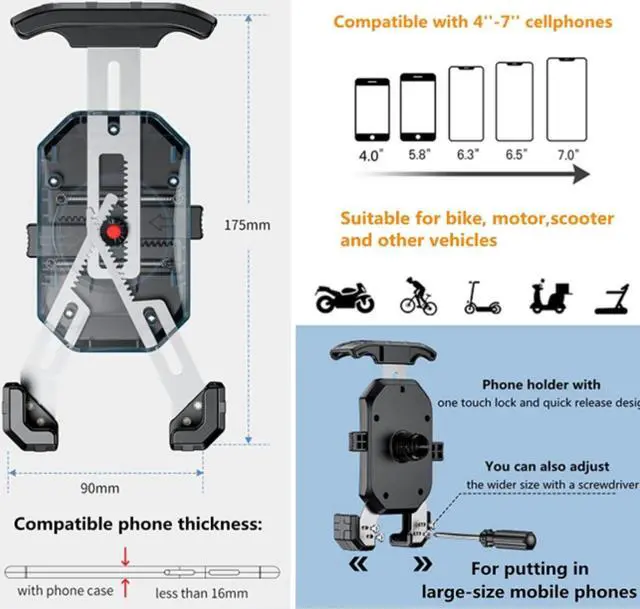 Alt view image 6 of 6 - Kewig Bike Phone Mount Holder, Motorcycle Phone Mount [1s Lock] [One Hand Operation], Bicycle Scooter Handlebar Cradle Clip for iPhone 16 Pro Max/Plus,15 14 13 Mini and 4.0-7" Phone