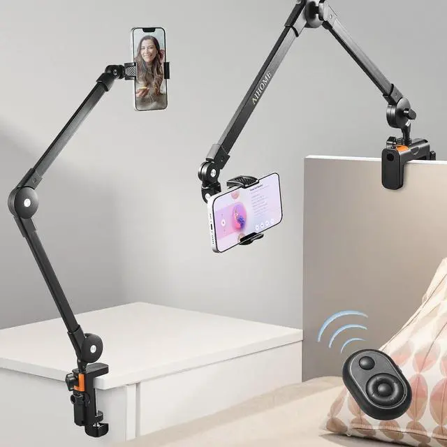 Main image of Phone Holder for Desk Bed Overhead Phone Mount with Wireless Remote Flexible Phone Stand Lazy Bracket Mount Long Arms Clamp Clip for iPhone  Google Pixel Moto