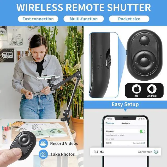 Alt view image 4 of 7 - Phone Holder for Desk Bed Overhead Phone Mount with Wireless Remote Flexible Phone Stand Lazy Bracket Mount Long Arms Clamp Clip for iPhone  Google Pixel Moto