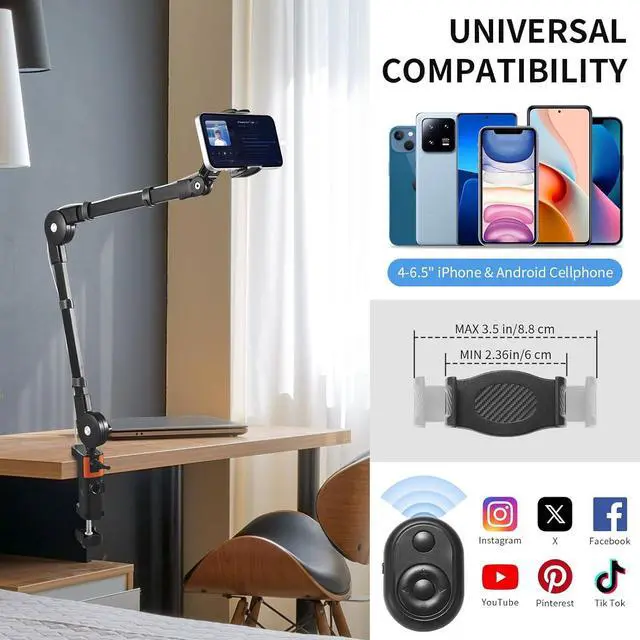 Alt view image 6 of 7 - Phone Holder for Desk Bed Overhead Phone Mount with Wireless Remote Flexible Phone Stand Lazy Bracket Mount Long Arms Clamp Clip for iPhone  Google Pixel Moto