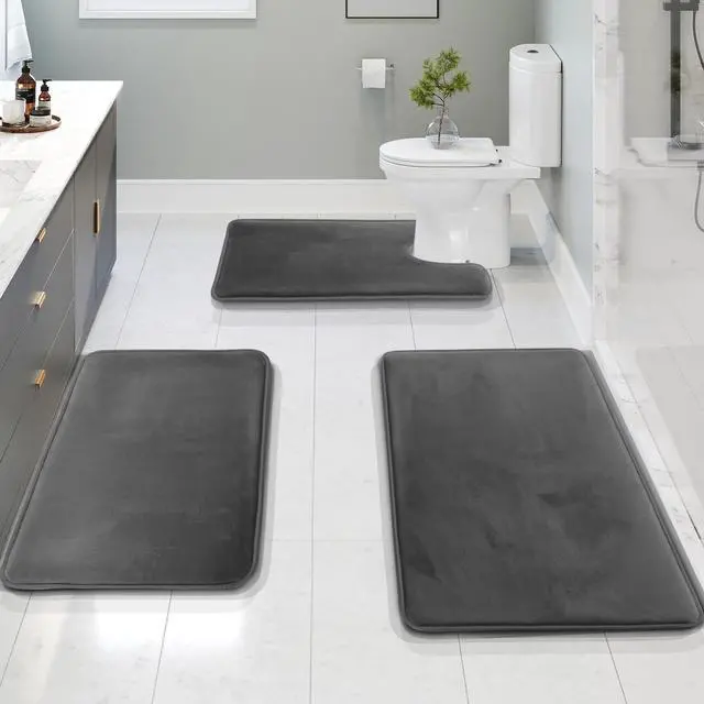 Main image of 3 Piece Bathroom Rugs Bath Mat Set Velvet Memory Foam Bath Mats for Bathroom - Non-Slip PVC Backing Bath Rugs Washable Bathroom Rug Mats - Dries Quickly Grey Bathroom Rug Set
