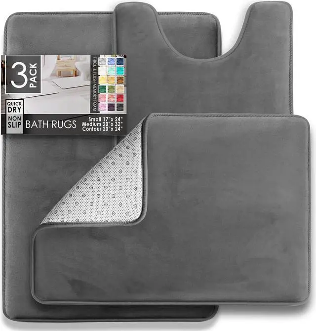 Alt view image 2 of 7 - 3 Piece Bathroom Rugs Bath Mat Set Velvet Memory Foam Bath Mats for Bathroom - Non-Slip PVC Backing Bath Rugs Washable Bathroom Rug Mats - Dries Quickly Grey Bathroom Rug Set