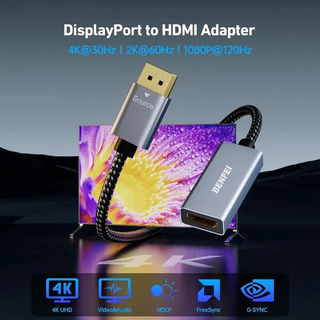 Alt view image 2 of 7 - 4K DisplayPort to HDMI Adapter Cable (2K 60Hz 1080p 120Hz) Uni-Directional Display Port to HDMI Monitor Converter Compatible for HP  GPU AMD NVIDIA More. Male to Female