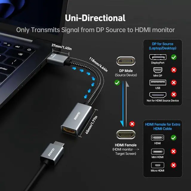 Alt view image 3 of 7 - 4K DisplayPort to HDMI Adapter Cable (2K 60Hz 1080p 120Hz) Uni-Directional Display Port to HDMI Monitor Converter Compatible for HP  GPU AMD NVIDIA More. Male to Female