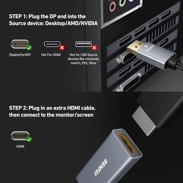 Alt view image 7 of 7 - 4K DisplayPort to HDMI Adapter Cable (2K 60Hz 1080p 120Hz) Uni-Directional Display Port to HDMI Monitor Converter Compatible for HP  GPU AMD NVIDIA More. Male to Female