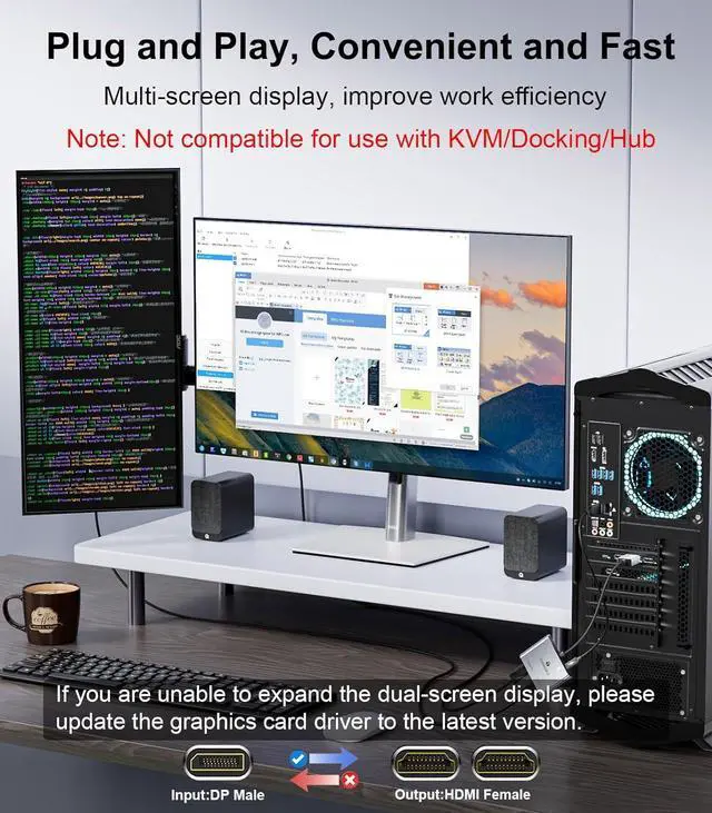 Alt view image 3 of 7 - DisplayPort to Dual HDMI Adapter (4K@60Hz) DP to HDMI Splitter for Dual Monitors Extended Display MST Display Port to HDMI 1 in 2 Out Hub for PC Graphics Card