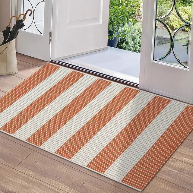 Alt view image 3 of 7 - Door Mat Outdoor 24x35 Orange and White Striped Rug Front Door Rug Indoor Outdoor Washable Welcome Mats Cotton Woven Entryway Rug for Front Porch/Laundry/Bathroom/Bedroom