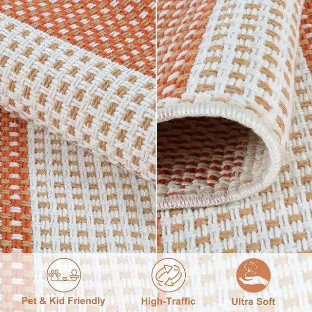 Alt view image 5 of 7 - Door Mat Outdoor 24x35 Orange and White Striped Rug Front Door Rug Indoor Outdoor Washable Welcome Mats Cotton Woven Entryway Rug for Front Porch/Laundry/Bathroom/Bedroom