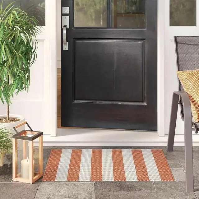 Alt view image 4 of 7 - Door Mat Outdoor 24x35 Orange and White Striped Rug Front Door Rug Indoor Outdoor Washable Welcome Mats Cotton Woven Entryway Rug for Front Porch/Laundry/Bathroom/Bedroom