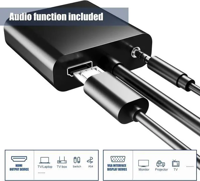 Alt view image 2 of 6 - Gold-Plated HDMI to VGA Adapter 1080P Video Converter Male to Female with 3.5mm Audio Port and miniUSB to USB port for PC Laptop DVD Monitor Projector HDTV Chromebook Raspberry Pi and More