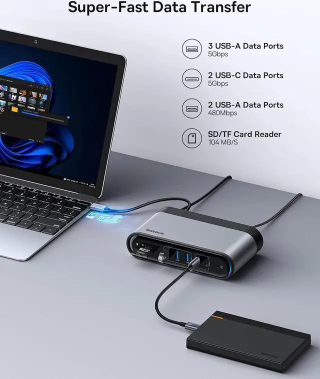 Alt view image 4 of 6 - Baseus 17-in-1 Docking Station, Laptop Docking Station 3 Monitors with 3 * 4K HDMI, USB C Docking Station with 7 USB, 1000Mbps Ethernet, 100W PD, Card Readers Compatible with Acer/HP/Lenovo/Mac/