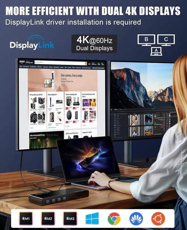 Alt view image 3 of 7 - WAVLINK Pro Dual 4K@60Hz Universal Docking Station | USB 3.0/Type-C Laptop Dock for Mac & Windows | 2 HDMI/DP Monitors, Gigabit Ethernet, 6 USB 3.0 | Home Office & Multi-Screen Productivity.