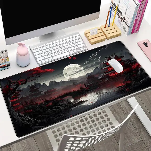 Alt view image 2 of 7 - Japanese Desk Mat Riverside Full Moon Desk Pad Black Red Large Mouse Pad Gaming Mousepad Extended XXL Keyboard Pad 31.5 x 15.7 in Laptop Computer Mouse Keyboard Mat for Office Desk Decor
