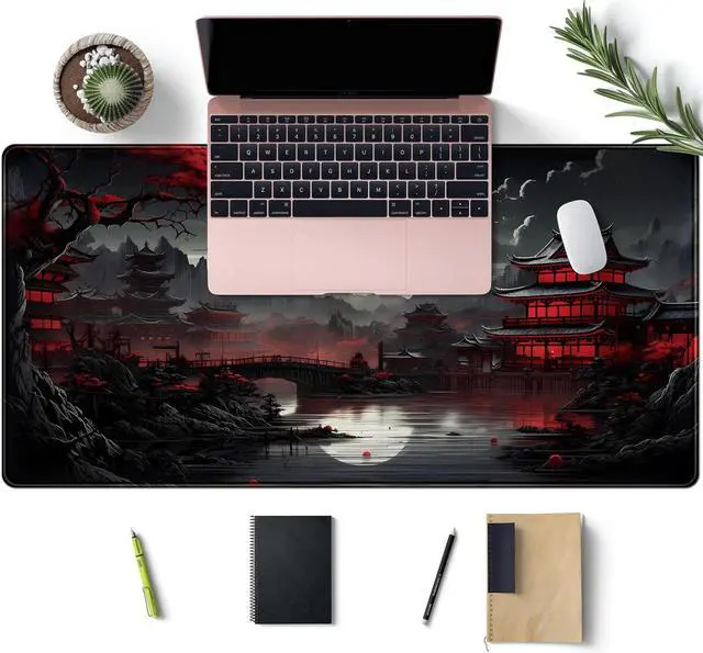 Alt view image 3 of 7 - Japanese Desk Mat Riverside Full Moon Desk Pad Black Red Large Mouse Pad Gaming Mousepad Extended XXL Keyboard Pad 31.5 x 15.7 in Laptop Computer Mouse Keyboard Mat for Office Desk Decor