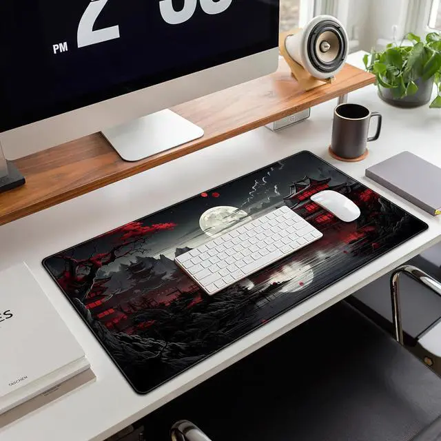Alt view image 4 of 7 - Japanese Desk Mat Riverside Full Moon Desk Pad Black Red Large Mouse Pad Gaming Mousepad Extended XXL Keyboard Pad 31.5 x 15.7 in Laptop Computer Mouse Keyboard Mat for Office Desk Decor