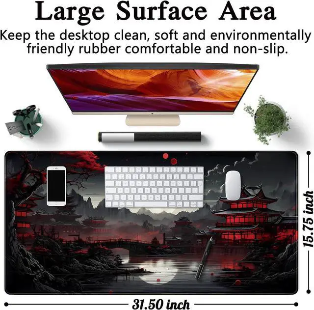 Alt view image 5 of 7 - Japanese Desk Mat Riverside Full Moon Desk Pad Black Red Large Mouse Pad Gaming Mousepad Extended XXL Keyboard Pad 31.5 x 15.7 in Laptop Computer Mouse Keyboard Mat for Office Desk Decor