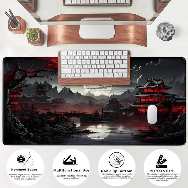 Alt view image 7 of 7 - Japanese Desk Mat Riverside Full Moon Desk Pad Black Red Large Mouse Pad Gaming Mousepad Extended XXL Keyboard Pad 31.5 x 15.7 in Laptop Computer Mouse Keyboard Mat for Office Desk Decor