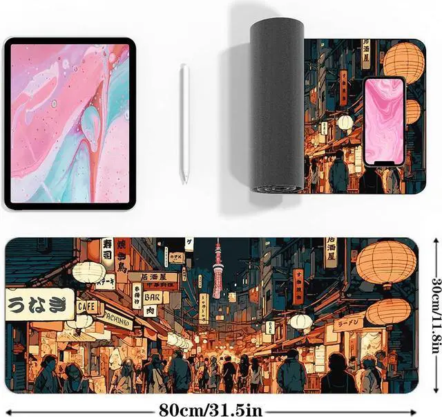 Alt view image 3 of 7 - Japanese Street Gaming Mouse Pad Large Anime Mouse Pad Gaming Mouse Mat Desk Pad 31.5 x 11.8 Desk Mat Anime Mouse Pads for Desk Extended Keyboard Mousepad with Non-Slip Base and Stitched Edge