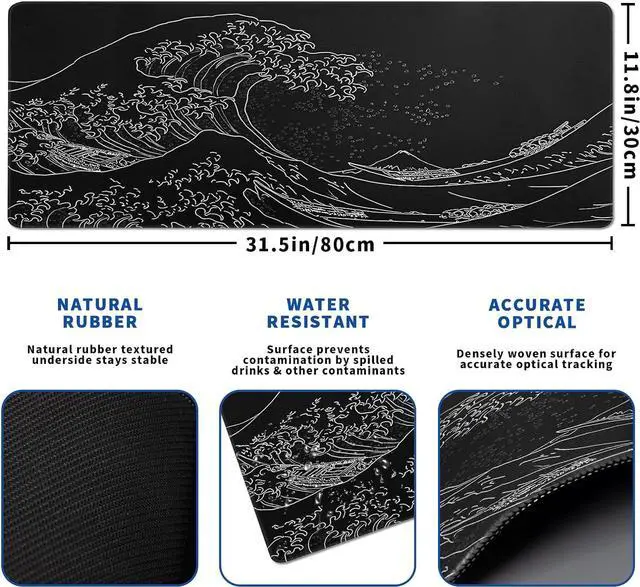 Alt view image 2 of 7 - Japanese Gaming Mouse Pad Abstract Black Mouse Pad 31.5x11.8 Inch Black Sea Wave Texture Non-Slip Rubber Base Large Ocean Mousepad Stitched Edges Keyboard Mouse Mat Desk Pad for Office and Home
