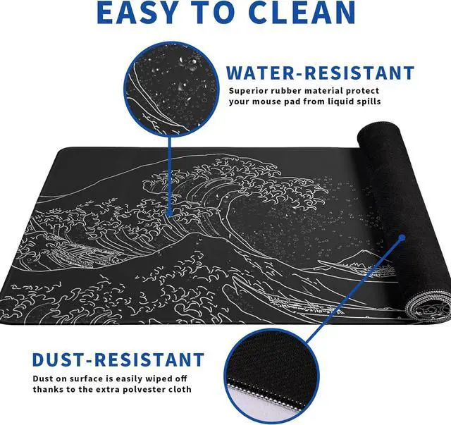 Alt view image 4 of 7 - Japanese Gaming Mouse Pad Abstract Black Mouse Pad 31.5x11.8 Inch Black Sea Wave Texture Non-Slip Rubber Base Large Ocean Mousepad Stitched Edges Keyboard Mouse Mat Desk Pad for Office and Home