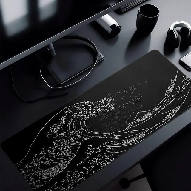 Alt view image 6 of 7 - Japanese Gaming Mouse Pad Abstract Black Mouse Pad 31.5x11.8 Inch Black Sea Wave Texture Non-Slip Rubber Base Large Ocean Mousepad Stitched Edges Keyboard Mouse Mat Desk Pad for Office and Home