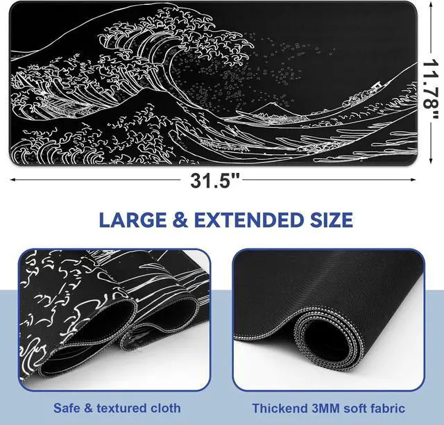 Alt view image 2 of 7 - Mouse Pad Gaming Japanese Sea Wave Mouse Pad 31.5 x 11.8in Waterproof Gaming Keyboard Pad with Anti-Slip Rubber Base and Stitched Edges Extended XL Mouse Mat