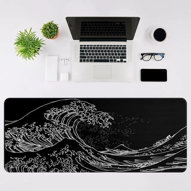 Alt view image 3 of 7 - Mouse Pad Gaming Japanese Sea Wave Mouse Pad 31.5 x 11.8in Waterproof Gaming Keyboard Pad with Anti-Slip Rubber Base and Stitched Edges Extended XL Mouse Mat