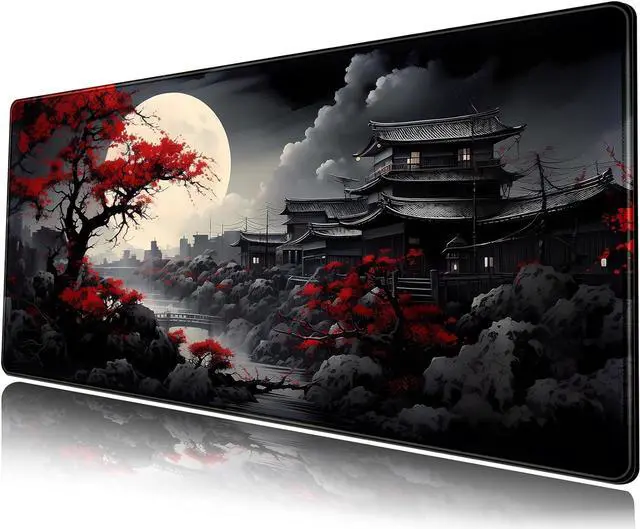 Main image of Riverside Full Moon Desk Mat Japanese Desk Pad Black Red Large Mouse Pad Gaming Mousepad Extended XXL Keyboard Pad 31.5 x 11.8 in Laptop Computer Mouse Keyboard Mat for Office Desk Decor