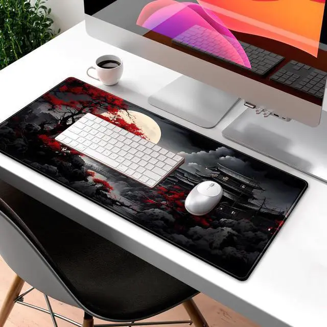 Alt view image 3 of 7 - Riverside Full Moon Desk Mat Japanese Desk Pad Black Red Large Mouse Pad Gaming Mousepad Extended XXL Keyboard Pad 31.5 x 11.8 in Laptop Computer Mouse Keyboard Mat for Office Desk Decor