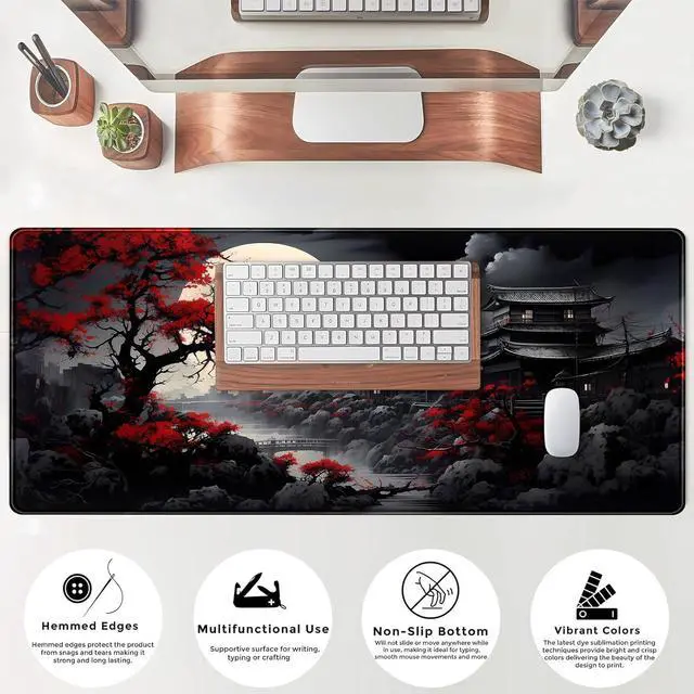 Alt view image 4 of 7 - Riverside Full Moon Desk Mat Japanese Desk Pad Black Red Large Mouse Pad Gaming Mousepad Extended XXL Keyboard Pad 31.5 x 11.8 in Laptop Computer Mouse Keyboard Mat for Office Desk Decor