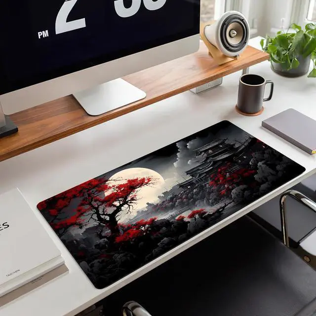 Alt view image 5 of 7 - Riverside Full Moon Desk Mat Japanese Desk Pad Black Red Large Mouse Pad Gaming Mousepad Extended XXL Keyboard Pad 31.5 x 11.8 in Laptop Computer Mouse Keyboard Mat for Office Desk Decor