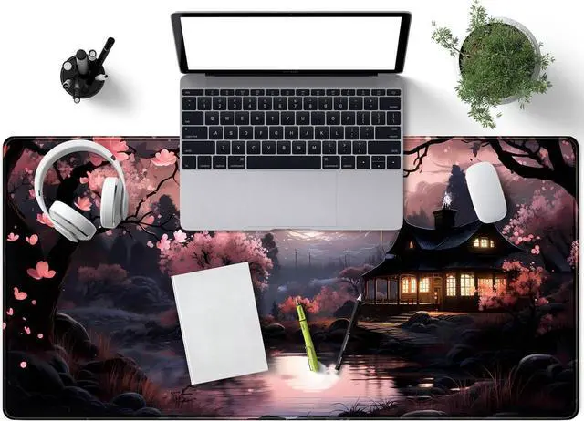 Alt view image 2 of 7 - Japan Sakura Blooms Desk Mat Japanese Mouse Pad Large Cute Black Pink Aesthetic Desk Pad Gaming Mousepad Extended XXL Keyboard Mat Computer Laptop Mouse Desktop Mat 31.5X15.7 Desk Decor