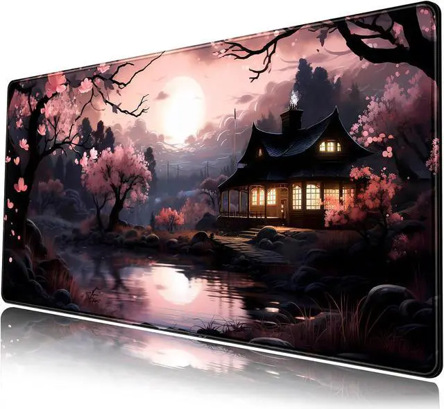 Main image of Japan Sakura Blooms Desk Mat Japanese Mouse Pad Large Cute Black Pink Aesthetic Desk Pad Gaming Mousepad Extended XXL Keyboard Mat Computer Laptop Mouse Desktop Mat 31.5X15.7 Desk Decor