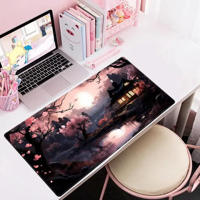 Alt view image 3 of 7 - Japan Sakura Blooms Desk Mat Japanese Mouse Pad Large Cute Black Pink Aesthetic Desk Pad Gaming Mousepad Extended XXL Keyboard Mat Computer Laptop Mouse Desktop Mat 31.5X15.7 Desk Decor