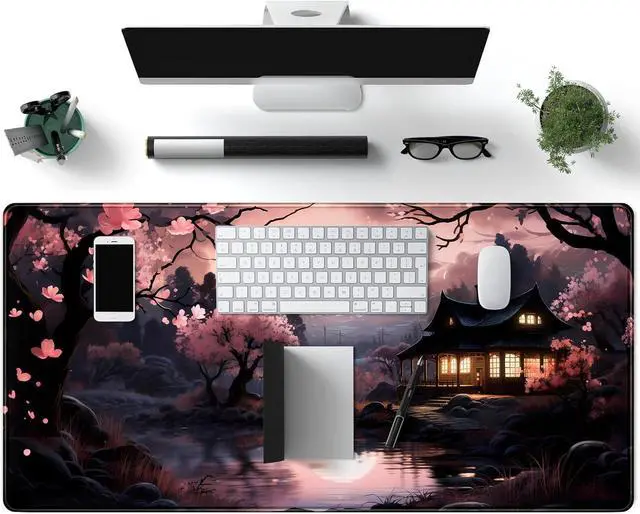 Alt view image 4 of 7 - Japan Sakura Blooms Desk Mat Japanese Mouse Pad Large Cute Black Pink Aesthetic Desk Pad Gaming Mousepad Extended XXL Keyboard Mat Computer Laptop Mouse Desktop Mat 31.5X15.7 Desk Decor