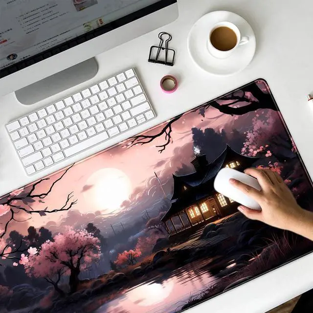 Alt view image 5 of 7 - Japan Sakura Blooms Desk Mat Japanese Mouse Pad Large Cute Black Pink Aesthetic Desk Pad Gaming Mousepad Extended XXL Keyboard Mat Computer Laptop Mouse Desktop Mat 31.5X15.7 Desk Decor