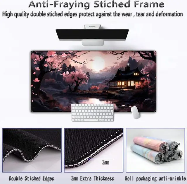 Alt view image 7 of 7 - Japan Sakura Blooms Desk Mat Japanese Mouse Pad Large Cute Black Pink Aesthetic Desk Pad Gaming Mousepad Extended XXL Keyboard Mat Computer Laptop Mouse Desktop Mat 31.5X15.7 Desk Decor