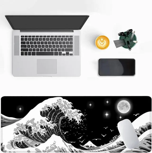 Alt view image 2 of 7 - Gaming Mouse Pad Japanese Sea Wave Large XXL Mouse Pad Big Desk Pad Keyboard Computer Mousepad Mouse Mat with Non-Slip Base Stitched Edge for Home Office Gaming Work 31.06 x 11.8