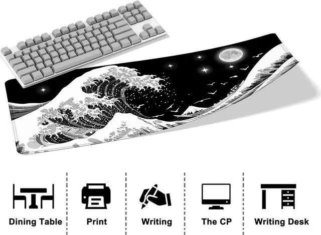 Alt view image 3 of 7 - Gaming Mouse Pad Japanese Sea Wave Large XXL Mouse Pad Big Desk Pad Keyboard Computer Mousepad Mouse Mat with Non-Slip Base Stitched Edge for Home Office Gaming Work 31.06 x 11.8