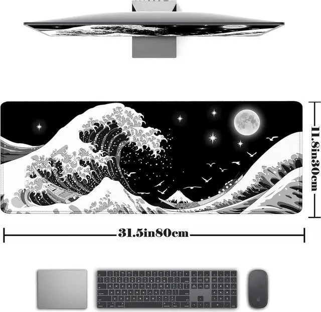 Alt view image 5 of 7 - Gaming Mouse Pad Japanese Sea Wave Large XXL Mouse Pad Big Desk Pad Keyboard Computer Mousepad Mouse Mat with Non-Slip Base Stitched Edge for Home Office Gaming Work 31.06 x 11.8