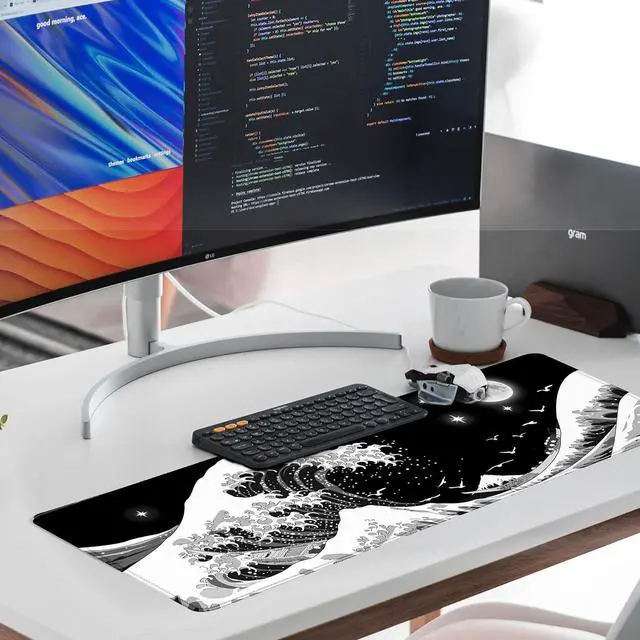 Alt view image 6 of 7 - Gaming Mouse Pad Japanese Sea Wave Large XXL Mouse Pad Big Desk Pad Keyboard Computer Mousepad Mouse Mat with Non-Slip Base Stitched Edge for Home Office Gaming Work 31.06 x 11.8