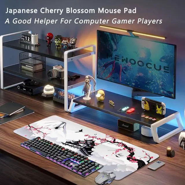 Alt view image 7 of 7 - XXL Large Gaming Laptop Anime Mouse Pad,Japanese Cherry Blossom White Game pad, Big Desk Pads PC Keyboard Waterproof and Non-Slip 35.5 x 15.7 inches Rubber Table Mat (Cherry Blossom, 40cm x 90cm)