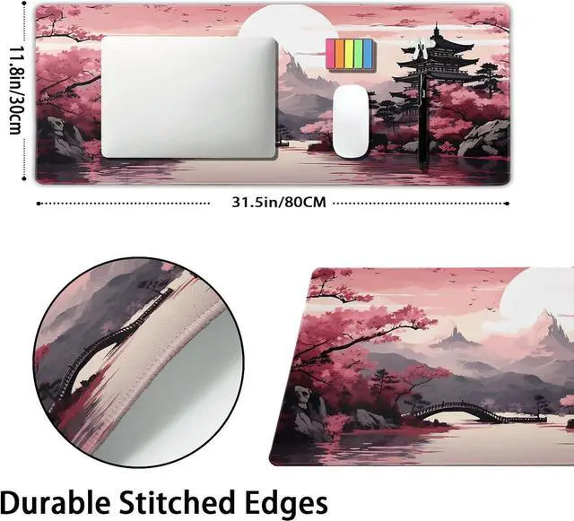 Alt view image 2 of 7 - Pink Japanese Sakura Gaming Mouse Pad XL Cherry Blossom Tower Mountain Landscape Extended Large Desk Mat Big Mousepad Non-Slip Rubber Base Stitched Edge Long Desk Pad for Computer Gamer 31.511.8 in